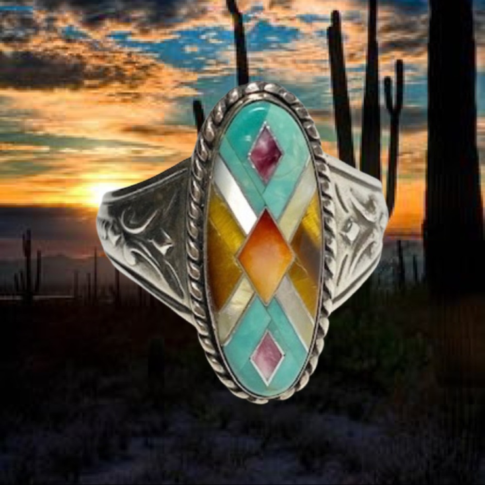 Silver Multicolor Geometric Ring - image 1